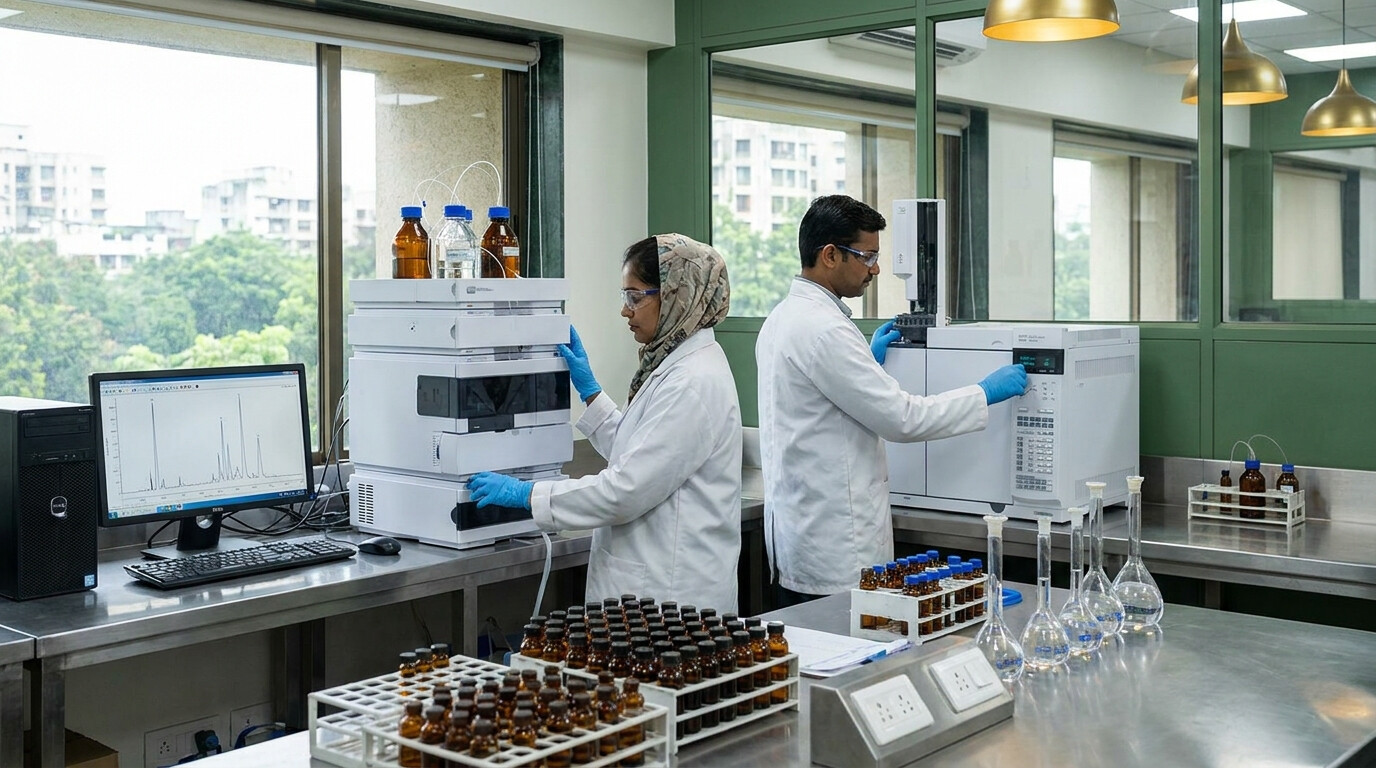 HPLC and GC analytical instruments operated by QC chemists at Central Trade Agency laboratory in India
