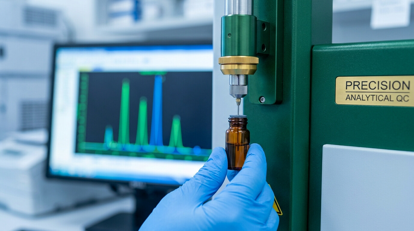 HPLC autosampler injecting a sample vial with a chromatogram on screen