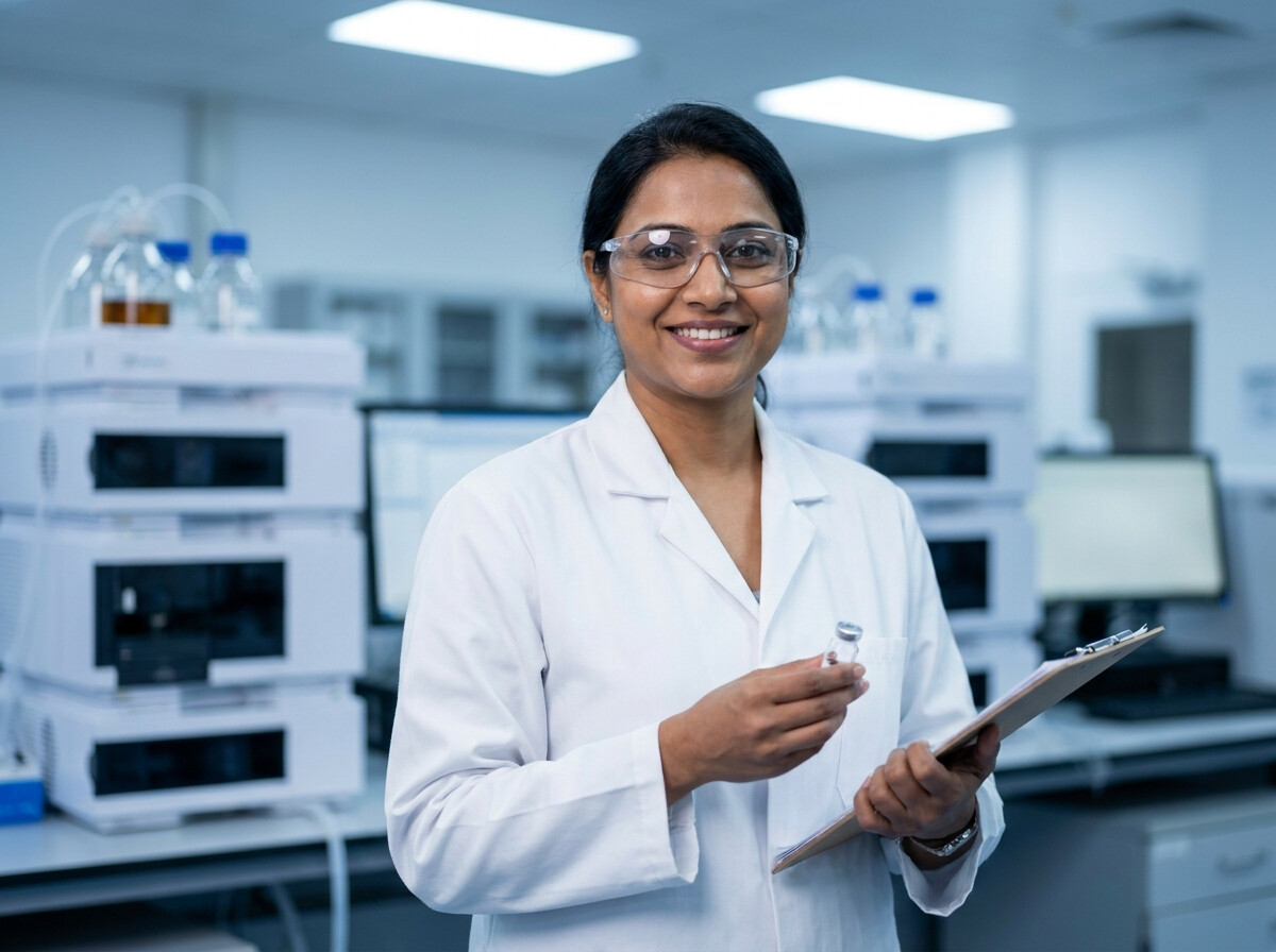 QC chemist in lab coat and safety glasses holding a sample vial in the analytical laboratory